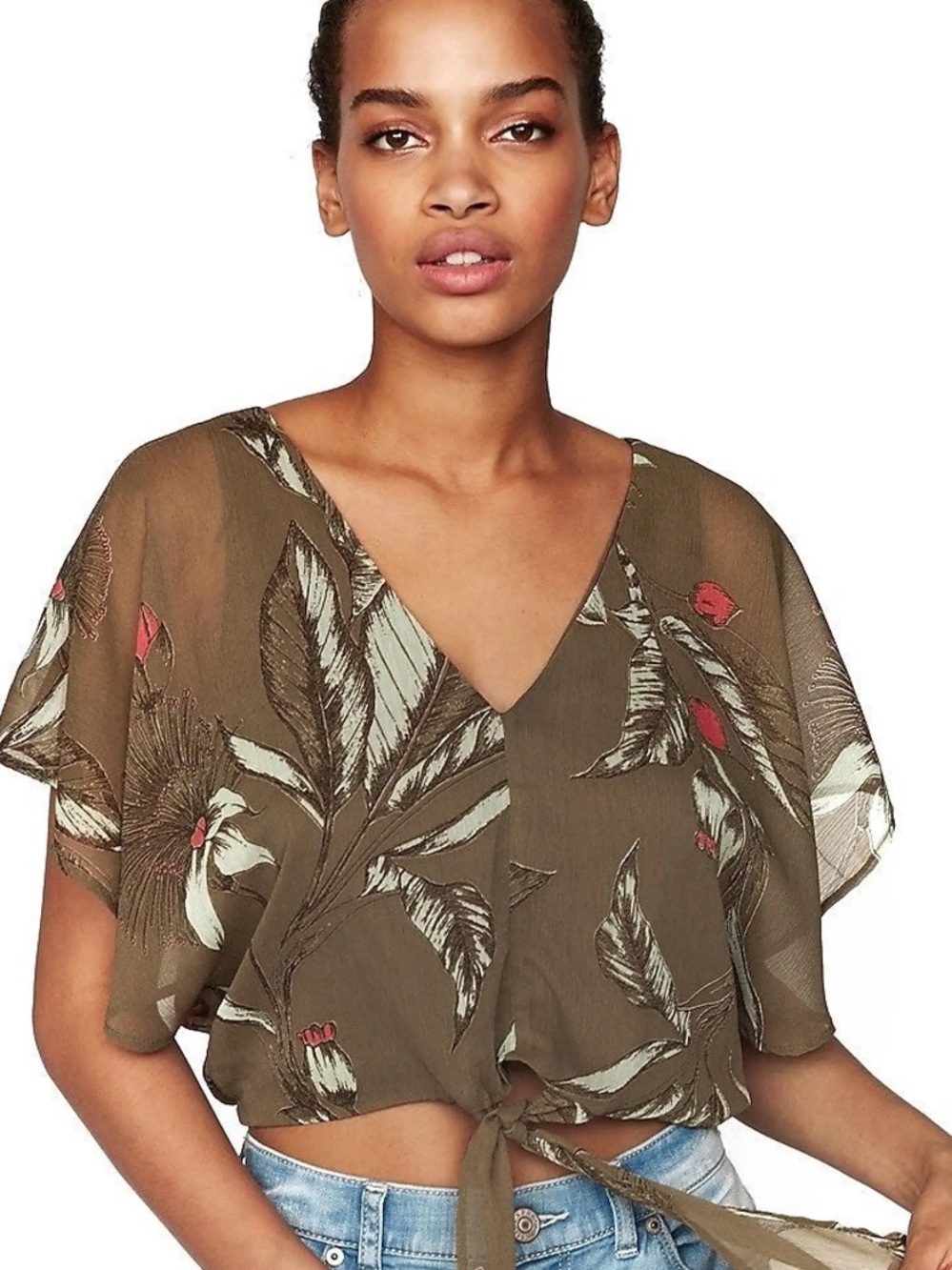 NWOT Express Olive Floral Tie-Front Women's V-Neck Top M